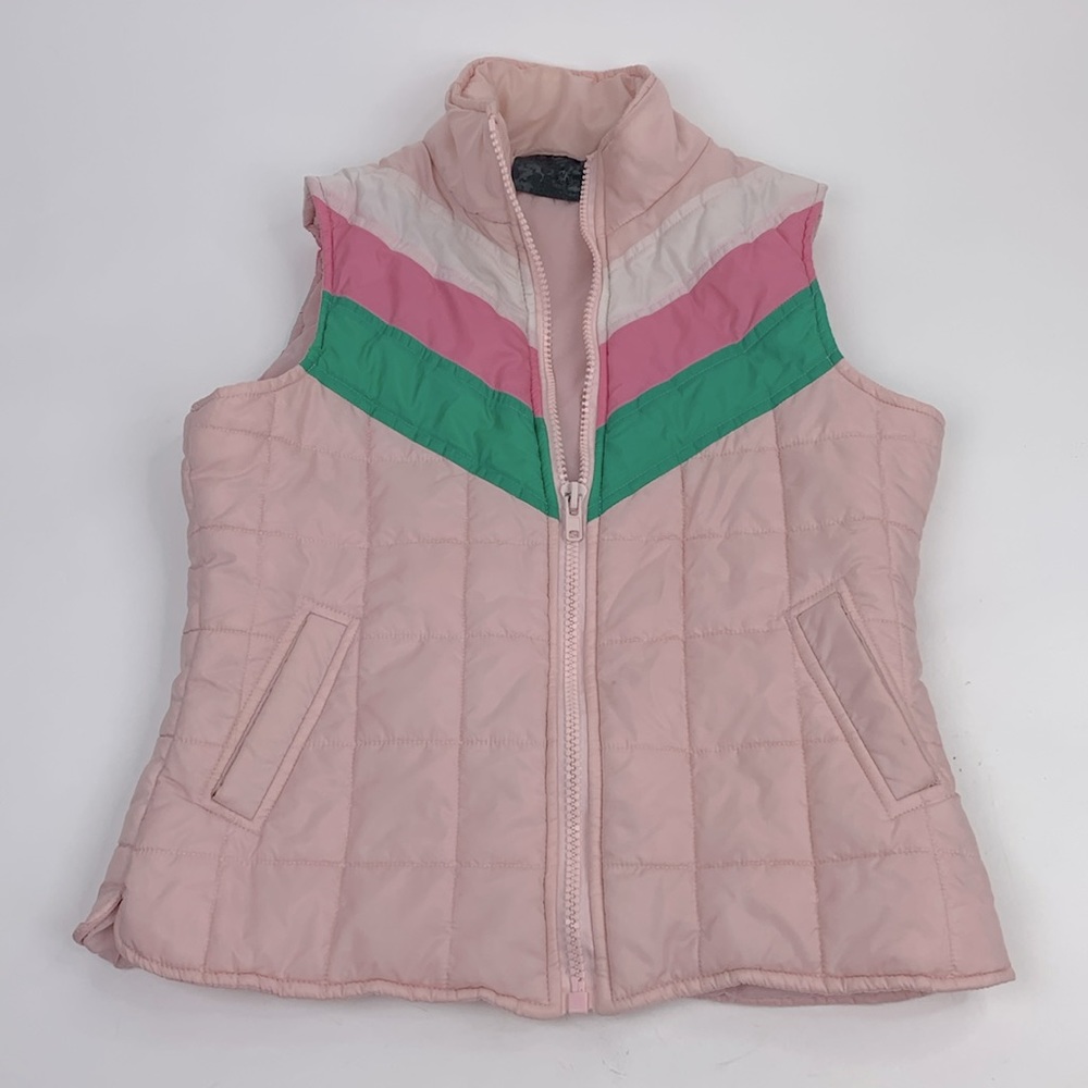 Retro style Puffer Quilted Vest Medium Zip up Light pink Green white pockets
